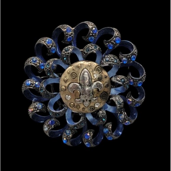 Fleur De Lis Swirl Brooch Royal Blue Gun Metal Gray Rhinestone Sparkle - Picture 7 of 15